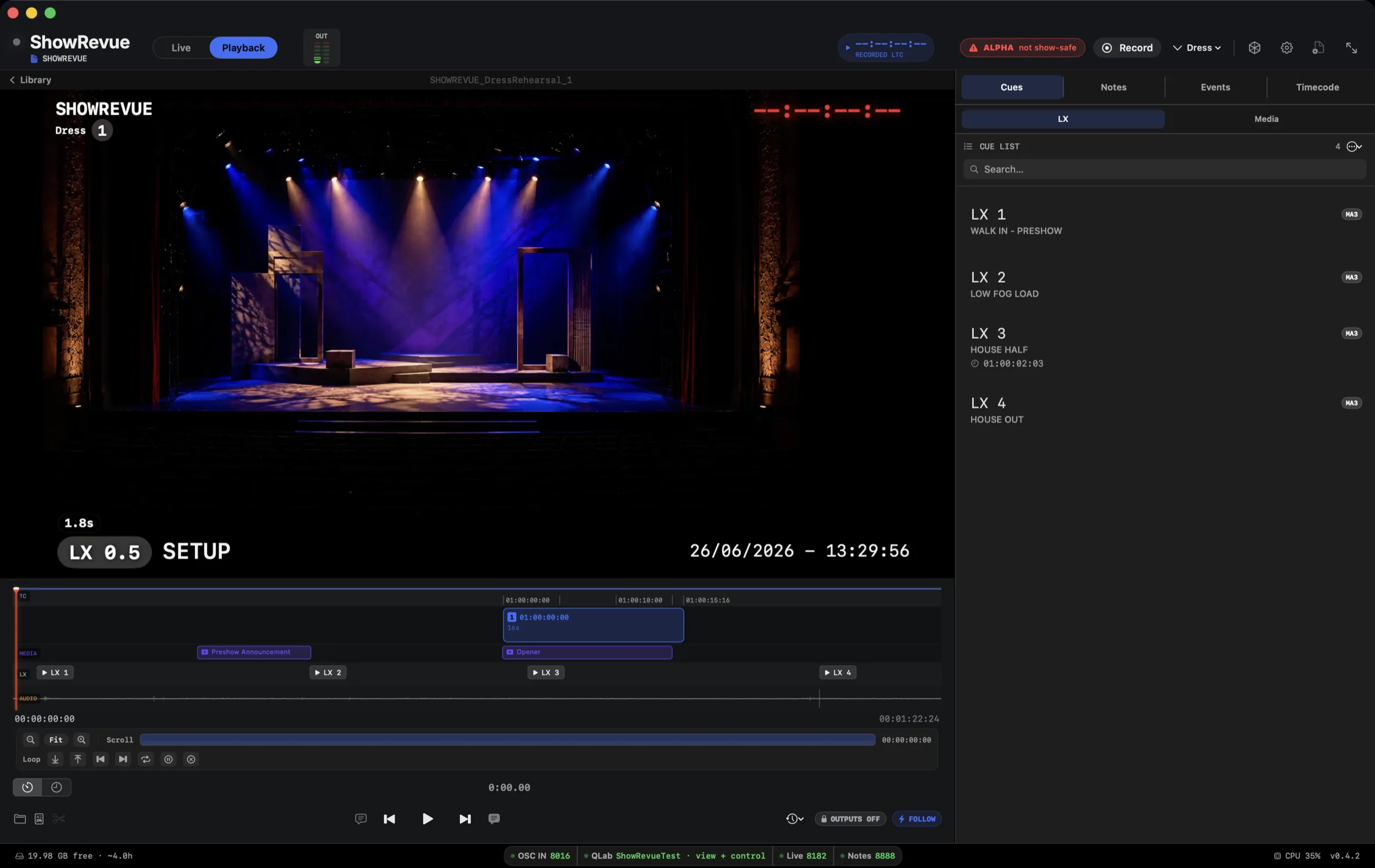 ShowRevue in playback — the stage video with its cue overlay, the cue list, and the multi-lane timeline (LX, media and audio) on one screen