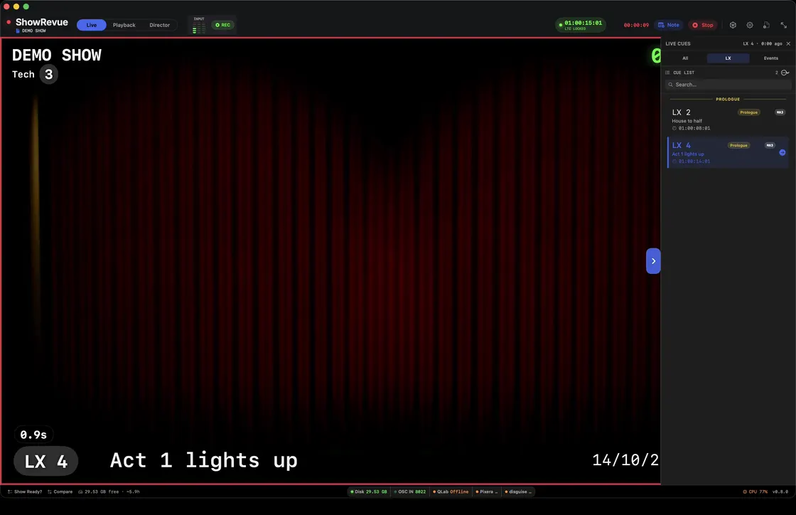 The Live window recording as LX cues fire into the cue list
