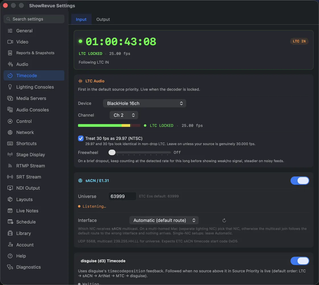 Settings, Timecode: LTC locked and counting